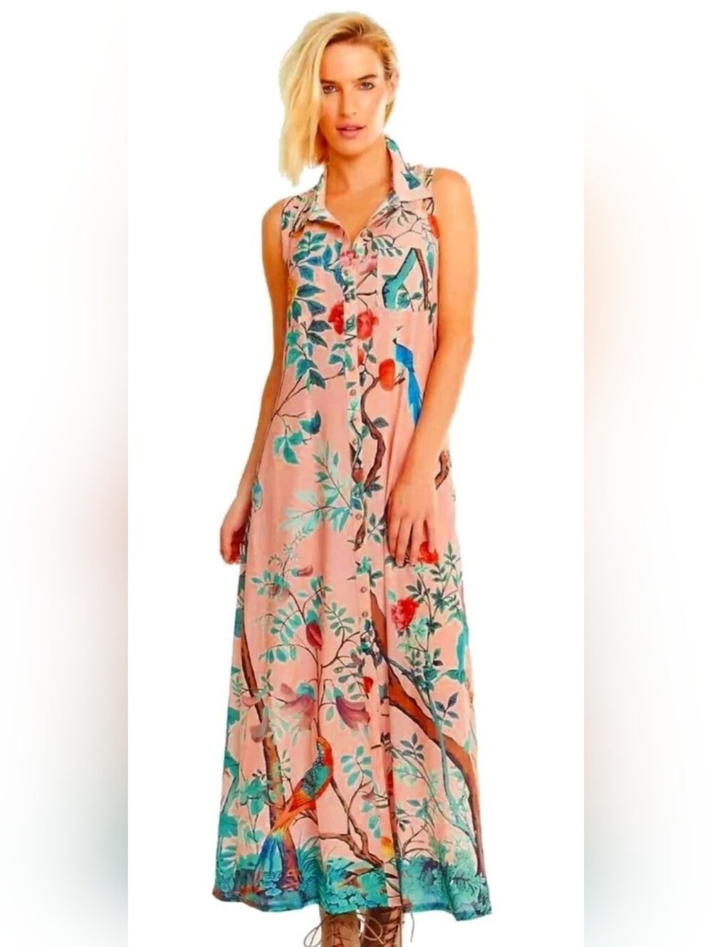 Soft Surrounding Chinoiserie Embroidered Bird Garden Maxi Shirt Dress Button XS